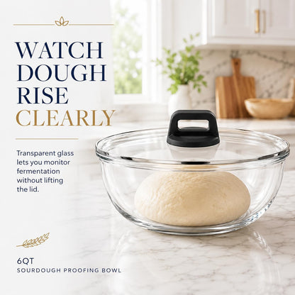 6 Qt Extra Large Glass Mixing Bowl for Sourdough Bread Making | Glass Mixing Bowl for Sourdough Bread with Lid Clear Breads Proofing Bowl with Covers Ideal for Kitchen Storage