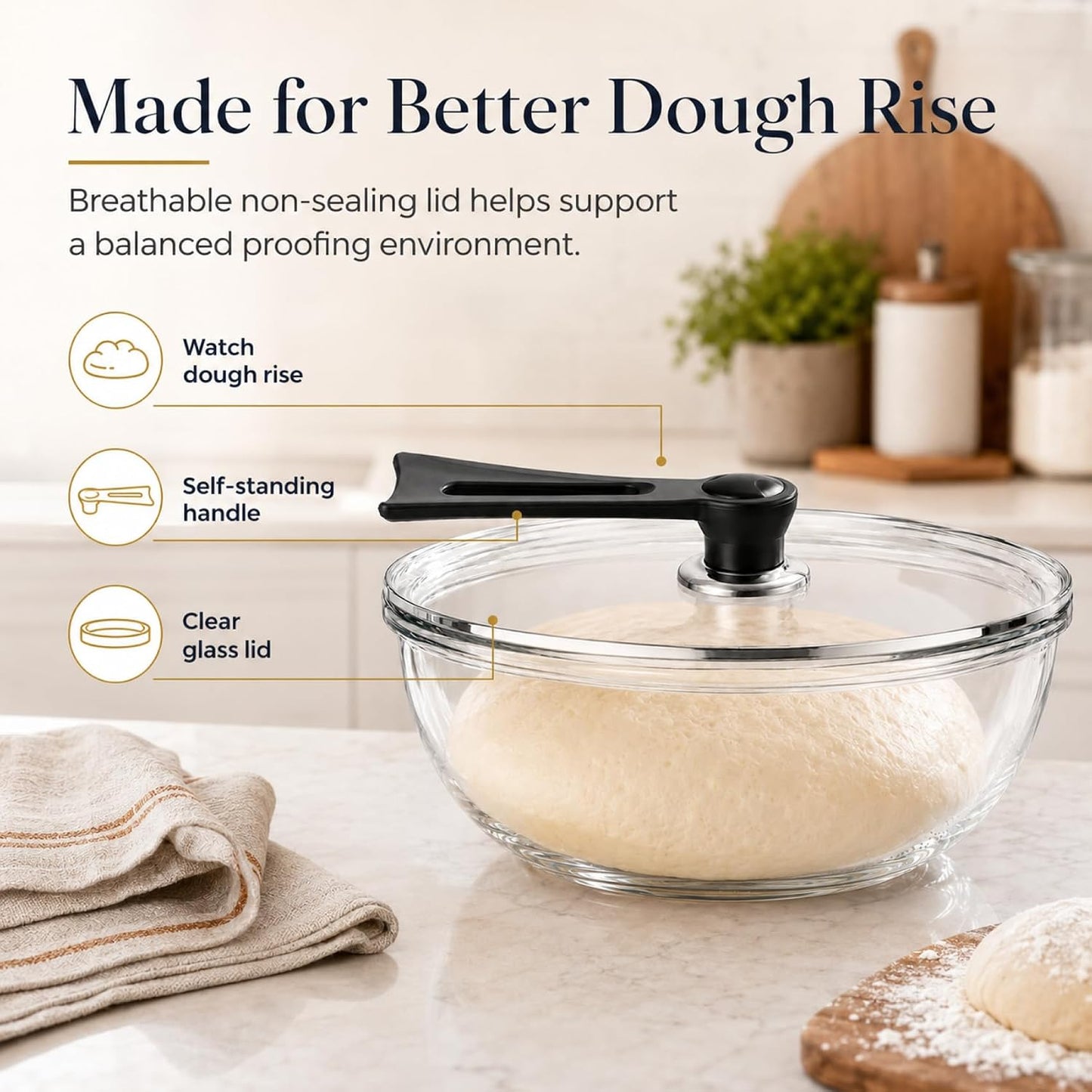 6 Qt Extra Large Glass Mixing Bowl for Sourdough Bread Making | Glass Mixing Bowl for Sourdough Bread with Lid Clear Breads Proofing Bowl with Covers Ideal for Kitchen Storage