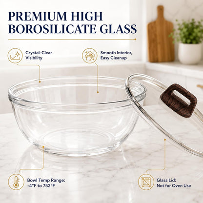 6 Qt Extra Large Glass Mixing Bowl for Sourdough Bread Making | Glass Mixing Bowl for Sourdough Bread with Lid Clear Breads Proofing Bowl with Covers Ideal for Kitchen Storage