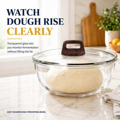 6 Qt Extra Large Glass Mixing Bowl for Sourdough Bread Making | Glass Mixing Bowl for Sourdough Bread with Lid Clear Breads Proofing Bowl with Covers Ideal for Kitchen Storage