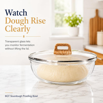 6 Qt Extra Large Glass Mixing Bowl for Sourdough Bread Making | Glass Mixing Bowl for Sourdough Bread with Lid Clear Breads Proofing Bowl with Covers Ideal for Kitchen Storage