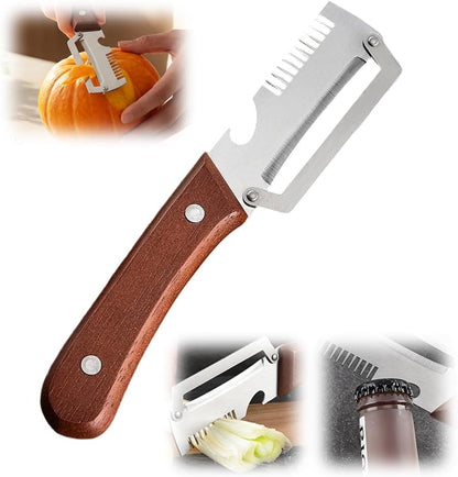 Multi-Functional Vegetable Peeler for Kitchen, 3 in 1 Stainless Steel Blade with Wooden Handle & Bottle Opener & Grater, Heavy Duty Peeler for Carrot Apple Pumpkin
