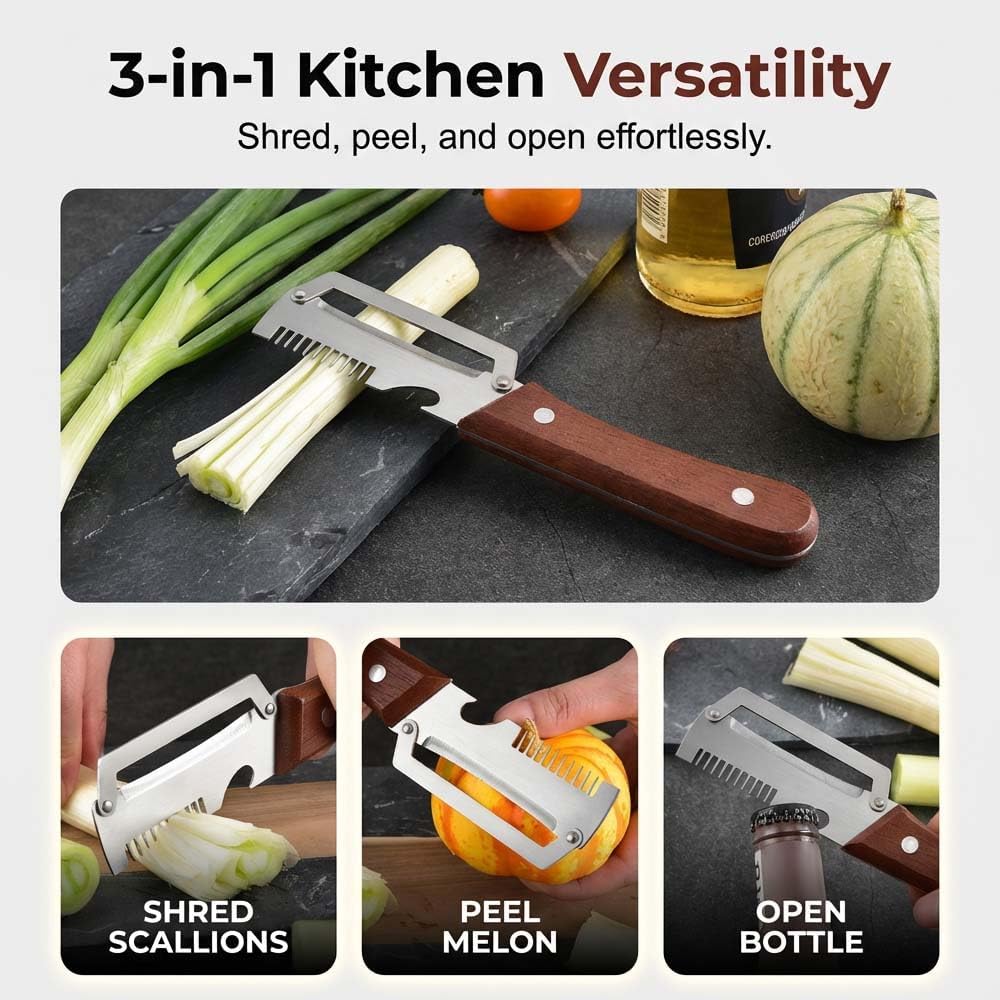Multi-Functional Vegetable Peeler for Kitchen, 3 in 1 Stainless Steel Blade with Wooden Handle & Bottle Opener & Grater, Heavy Duty Peeler for Carrot Apple Pumpkin