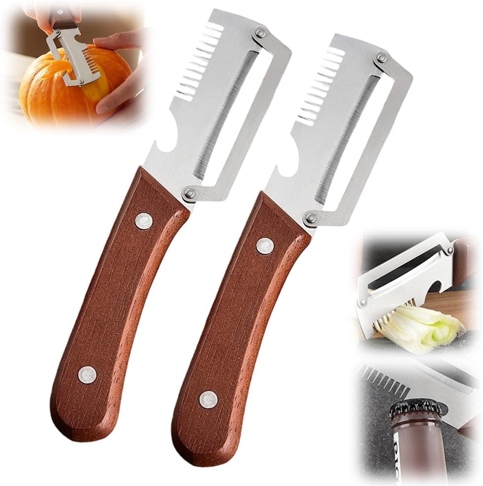 Multi-Functional Vegetable Peeler for Kitchen, 3 in 1 Stainless Steel Blade with Wooden Handle & Bottle Opener & Grater, Heavy Duty Peeler for Carrot Apple Pumpkin