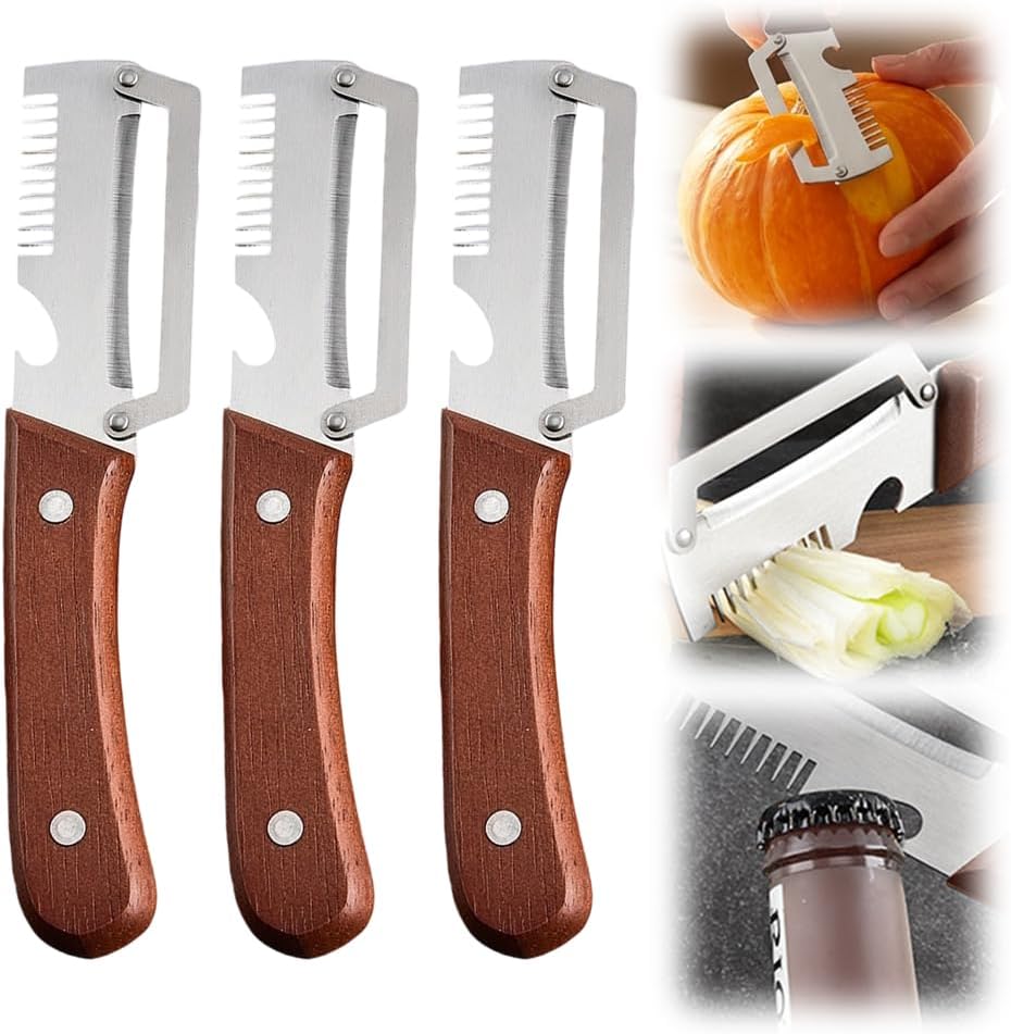 Multi-Functional Vegetable Peeler for Kitchen, 3 in 1 Stainless Steel Blade with Wooden Handle & Bottle Opener & Grater, Heavy Duty Peeler for Carrot Apple Pumpkin