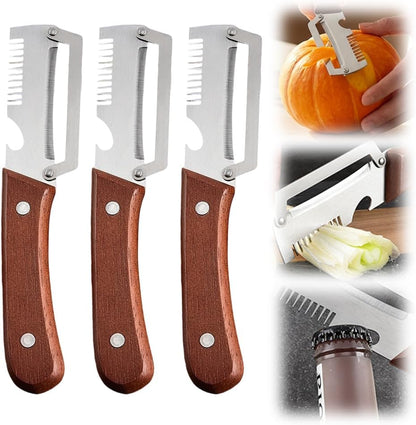 Multi-Functional Vegetable Peeler for Kitchen, 3 in 1 Stainless Steel Blade with Wooden Handle & Bottle Opener & Grater, Heavy Duty Peeler for Carrot Apple Pumpkin