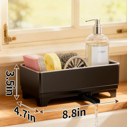 MOUKABAL Sponge Holder for Kitchen Sink, Rustproof Stainless Steel Black | Large Capacity/360° Rotating Drain Keeps Counter Dry/Holds Sponges & Soap Bottle/Easy-Clean Removable Tray