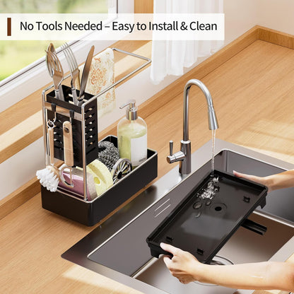 MOUKABAL Sponge Holder for Kitchen Sink, Rustproof Stainless Steel Black | Large Capacity/360° Rotating Drain Keeps Counter Dry/Holds Sponges & Soap Bottle/Easy-Clean Removable Tray