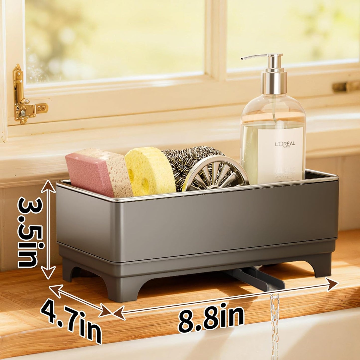 MOUKABAL Sponge Holder for Kitchen Sink, Rustproof Stainless Steel Black | Large Capacity/360° Rotating Drain Keeps Counter Dry/Holds Sponges & Soap Bottle/Easy-Clean Removable Tray