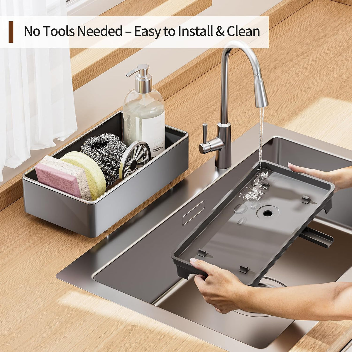 MOUKABAL Sponge Holder for Kitchen Sink, Rustproof Stainless Steel Black | Large Capacity/360° Rotating Drain Keeps Counter Dry/Holds Sponges & Soap Bottle/Easy-Clean Removable Tray