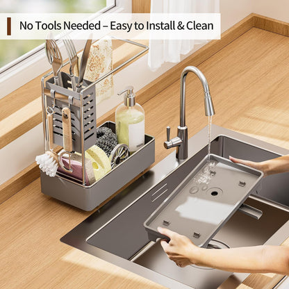 MOUKABAL Sponge Holder for Kitchen Sink, Rustproof Stainless Steel Black | Large Capacity/360° Rotating Drain Keeps Counter Dry/Holds Sponges & Soap Bottle/Easy-Clean Removable Tray