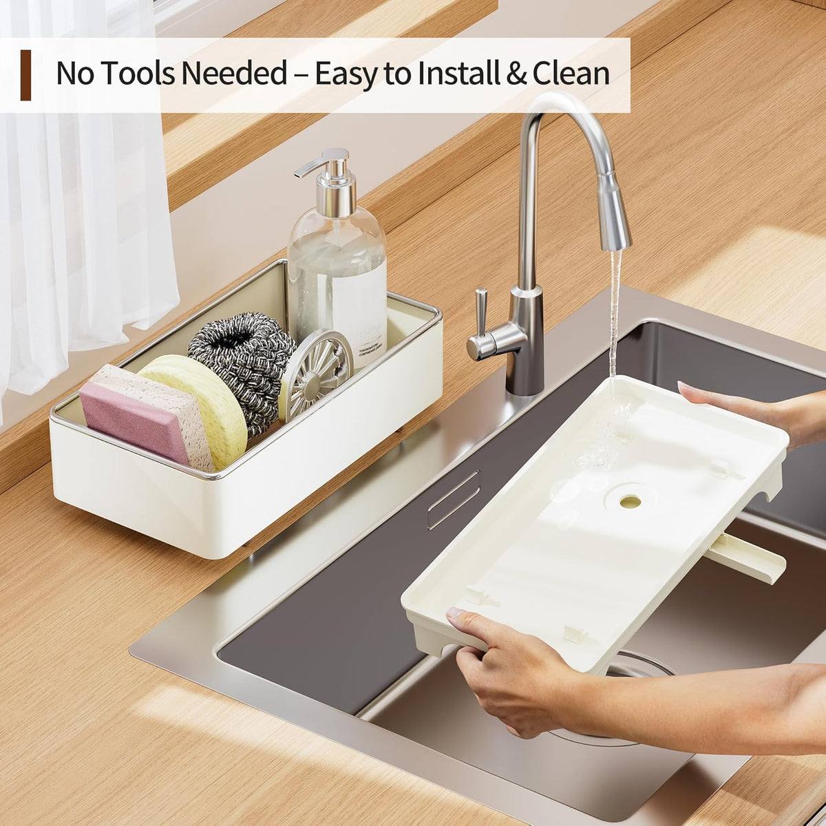 MOUKABAL Sponge Holder for Kitchen Sink, Rustproof Stainless Steel Black | Large Capacity/360° Rotating Drain Keeps Counter Dry/Holds Sponges & Soap Bottle/Easy-Clean Removable Tray