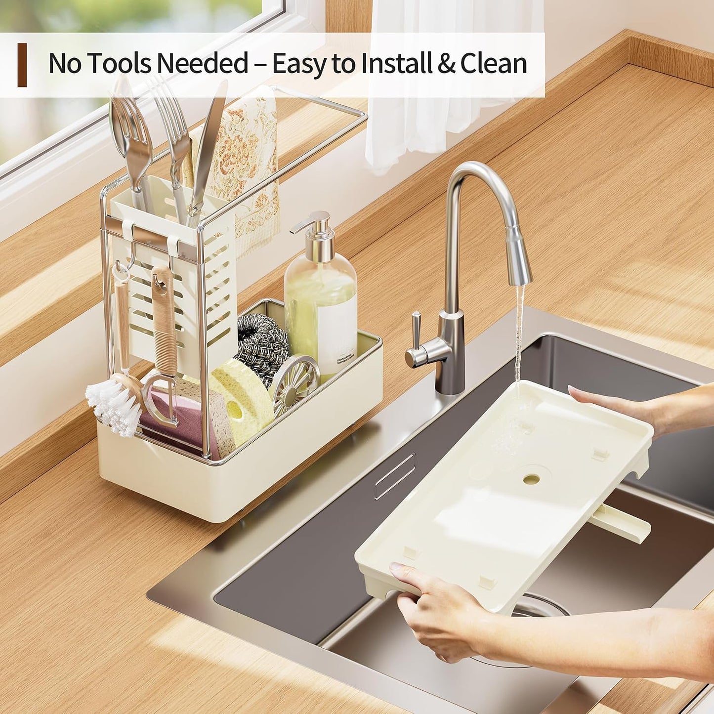 MOUKABAL Sponge Holder for Kitchen Sink, Rustproof Stainless Steel Black | Large Capacity/360° Rotating Drain Keeps Counter Dry/Holds Sponges & Soap Bottle/Easy-Clean Removable Tray
