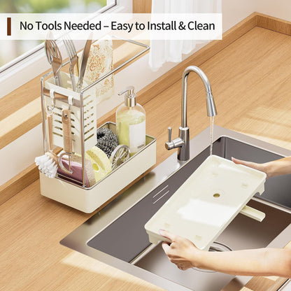 MOUKABAL Sponge Holder for Kitchen Sink, Rustproof Stainless Steel Black | Large Capacity/360° Rotating Drain Keeps Counter Dry/Holds Sponges & Soap Bottle/Easy-Clean Removable Tray