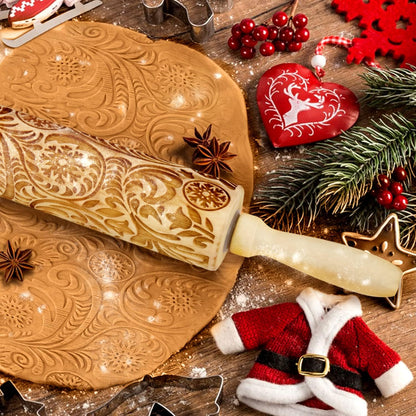 Christmas Gift Wooden Embossed Rolling Pin for Baking, Stocking Stuffers Gifts for Women, Deep Engraved Embossing Rolling Pins with Snow Pattern Designs for Baking Cookies Stamps Roller DIY Tools