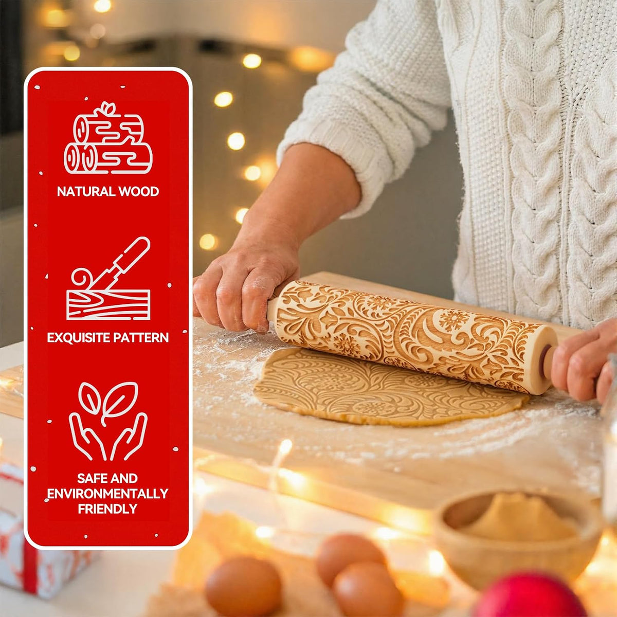 Christmas Gift Wooden Embossed Rolling Pin for Baking, Stocking Stuffers Gifts for Women, Deep Engraved Embossing Rolling Pins with Snow Pattern Designs for Baking Cookies Stamps Roller DIY Tools