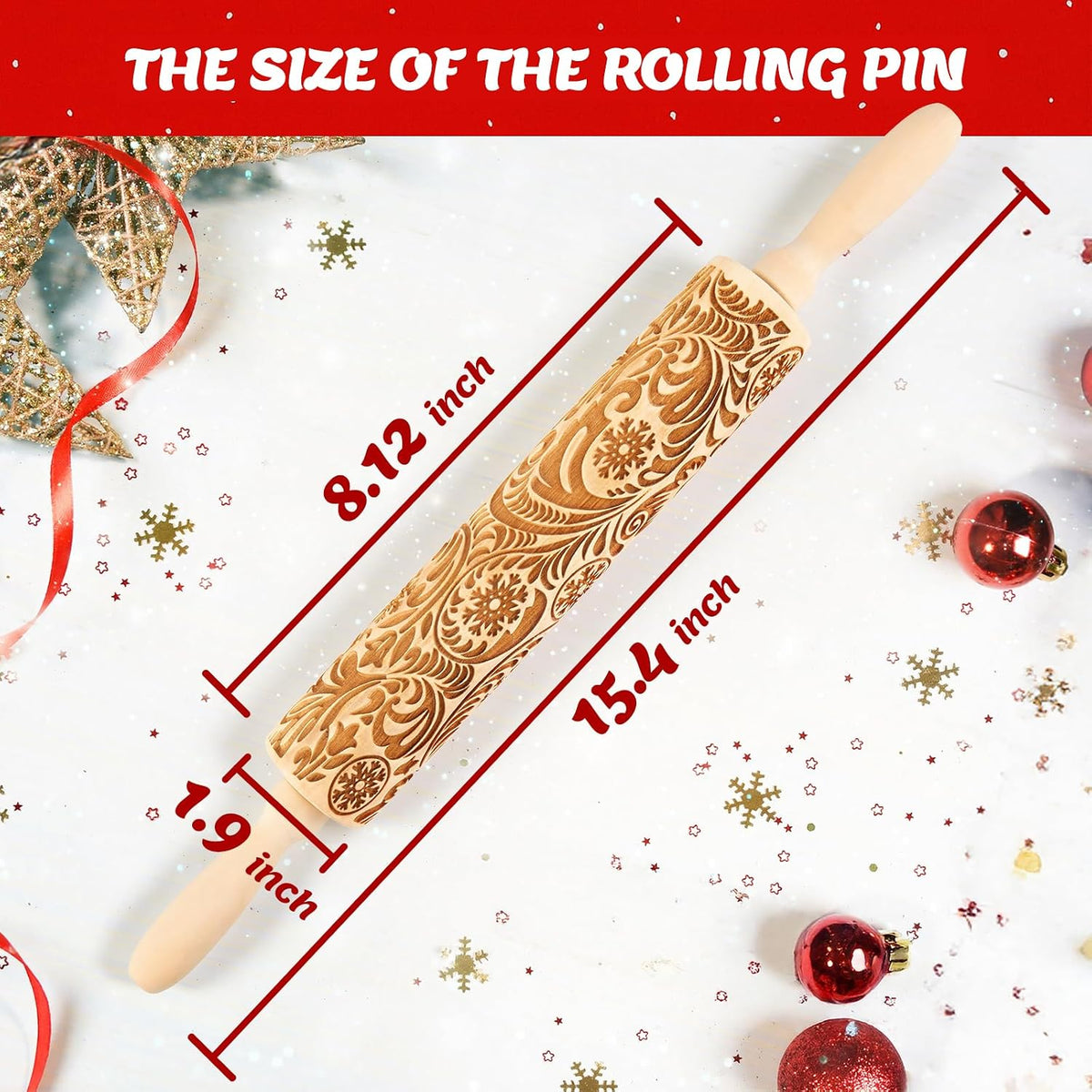 Christmas Gift Wooden Embossed Rolling Pin for Baking, Stocking Stuffers Gifts for Women, Deep Engraved Embossing Rolling Pins with Snow Pattern Designs for Baking Cookies Stamps Roller DIY Tools
