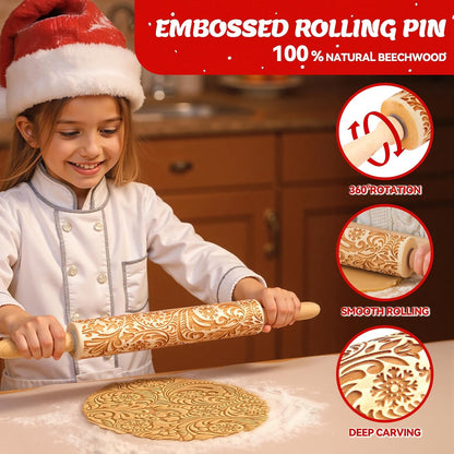 Christmas Gift Wooden Embossed Rolling Pin for Baking, Stocking Stuffers Gifts for Women, Deep Engraved Embossing Rolling Pins with Snow Pattern Designs for Baking Cookies Stamps Roller DIY Tools