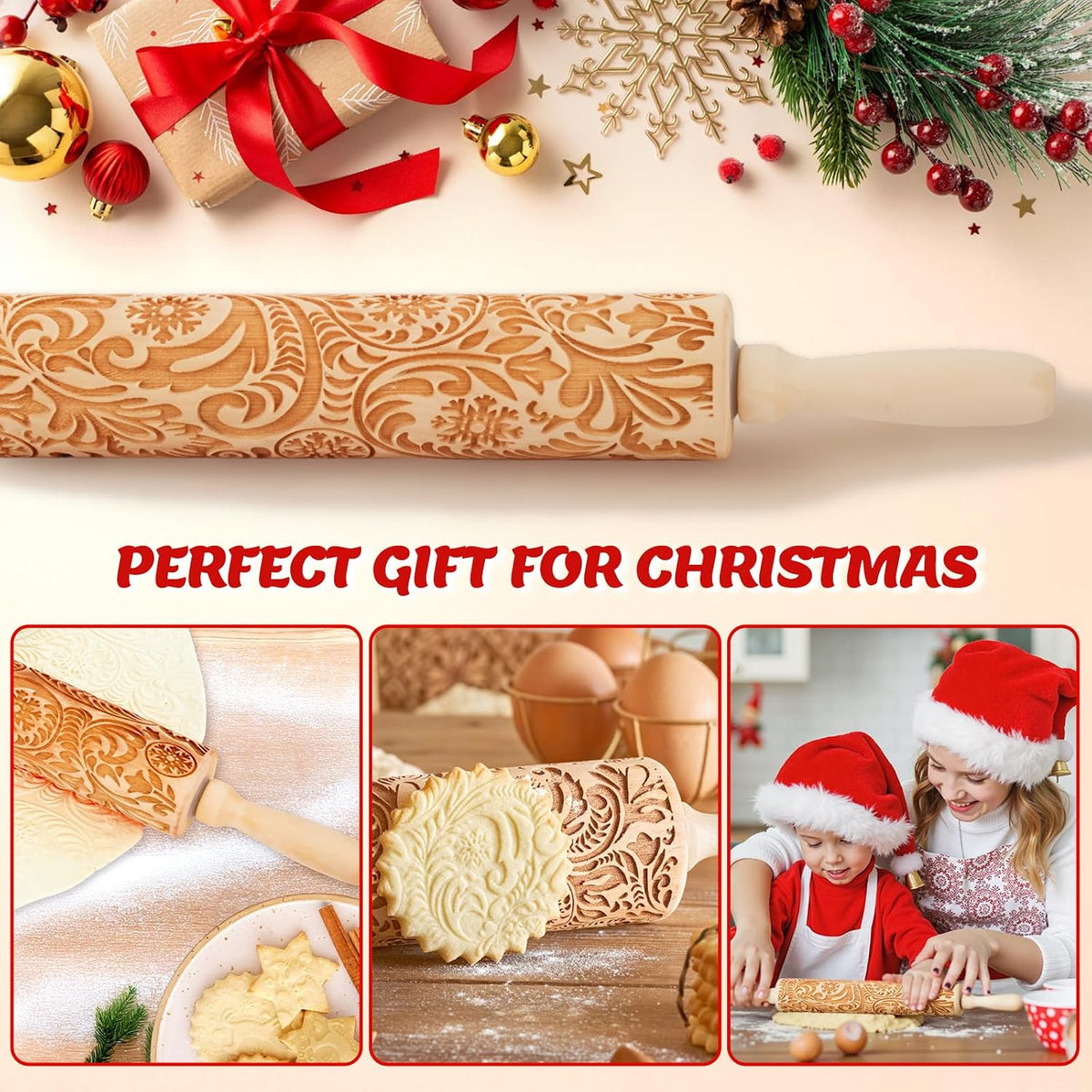 Christmas Gift Wooden Embossed Rolling Pin for Baking, Stocking Stuffers Gifts for Women, Deep Engraved Embossing Rolling Pins with Snow Pattern Designs for Baking Cookies Stamps Roller DIY Tools