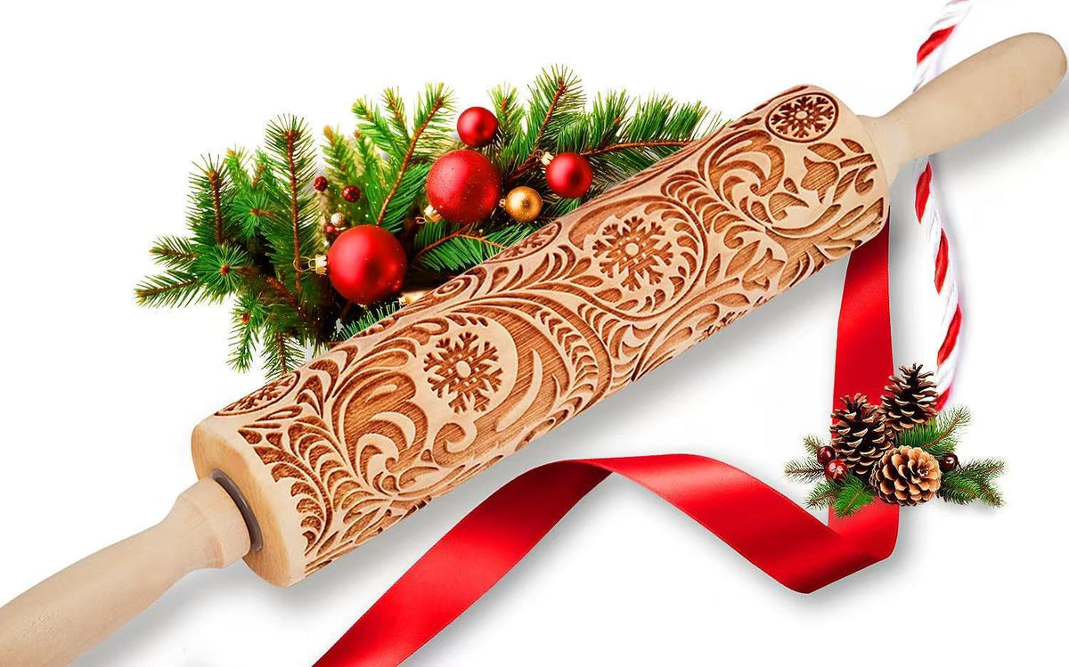 Christmas Gift Wooden Embossed Rolling Pin for Baking, Stocking Stuffers Gifts for Women, Deep Engraved Embossing Rolling Pins with Snow Pattern Designs for Baking Cookies Stamps Roller DIY Tools