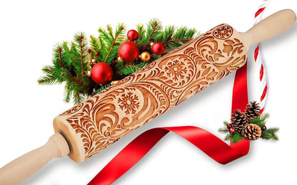 Christmas Gift Wooden Embossed Rolling Pin for Baking, Stocking Stuffers Gifts for Women, Deep Engraved Embossing Rolling Pins with Snow Pattern Designs for Baking Cookies Stamps Roller DIY Tools