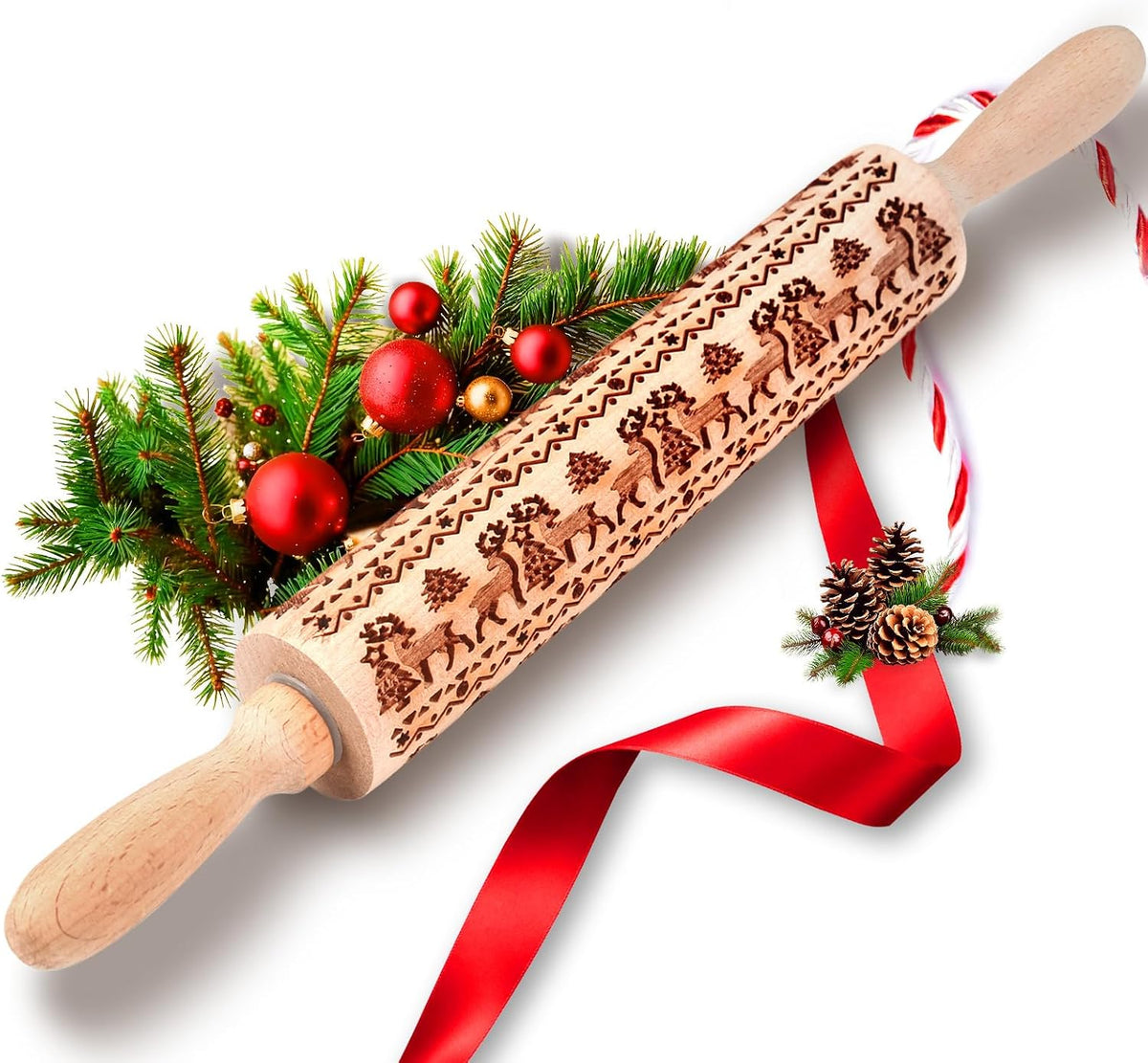 Christmas Gift Wooden Embossed Rolling Pin for Baking, Stocking Stuffers Gifts for Women, Deep Engraved Embossing Rolling Pins with Snow Pattern Designs for Baking Cookies Stamps Roller DIY Tools
