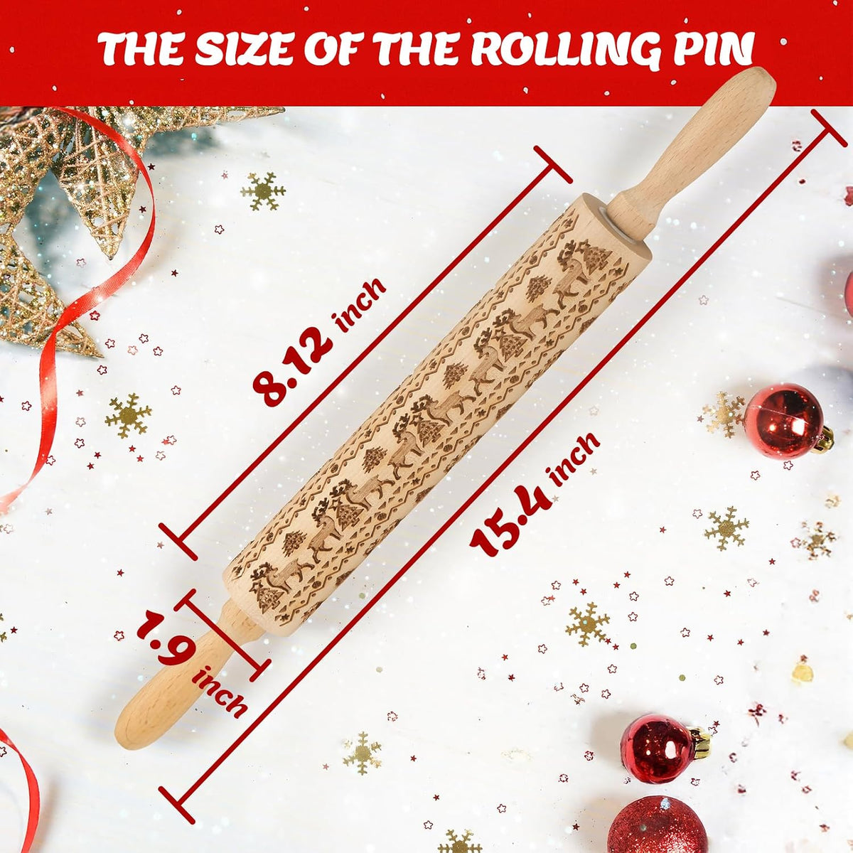 Christmas Gift Wooden Embossed Rolling Pin for Baking, Stocking Stuffers Gifts for Women, Deep Engraved Embossing Rolling Pins with Snow Pattern Designs for Baking Cookies Stamps Roller DIY Tools