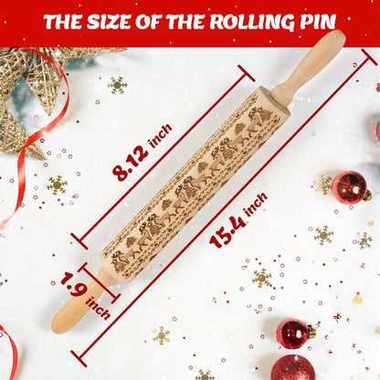 Christmas Gift Wooden Embossed Rolling Pin for Baking, Stocking Stuffers Gifts for Women, Deep Engraved Embossing Rolling Pins with Snow Pattern Designs for Baking Cookies Stamps Roller DIY Tools