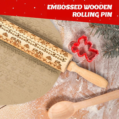 Christmas Gift Wooden Embossed Rolling Pin for Baking, Stocking Stuffers Gifts for Women, Deep Engraved Embossing Rolling Pins with Snow Pattern Designs for Baking Cookies Stamps Roller DIY Tools