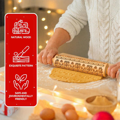 Christmas Gift Wooden Embossed Rolling Pin for Baking, Stocking Stuffers Gifts for Women, Deep Engraved Embossing Rolling Pins with Snow Pattern Designs for Baking Cookies Stamps Roller DIY Tools