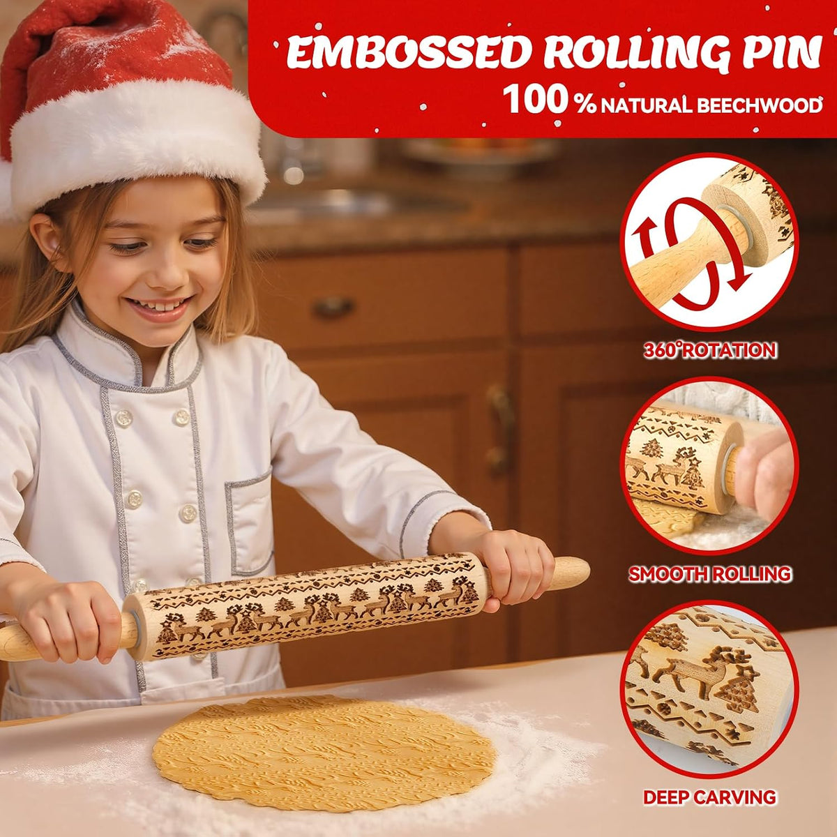 Christmas Gift Wooden Embossed Rolling Pin for Baking, Stocking Stuffers Gifts for Women, Deep Engraved Embossing Rolling Pins with Snow Pattern Designs for Baking Cookies Stamps Roller DIY Tools