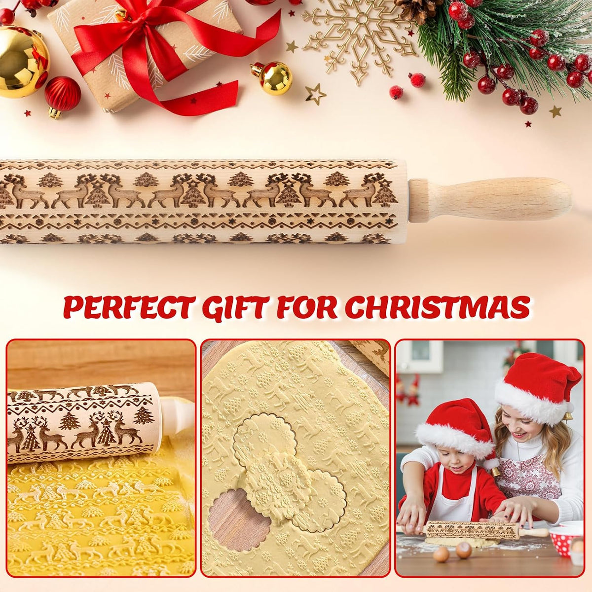 Christmas Gift Wooden Embossed Rolling Pin for Baking, Stocking Stuffers Gifts for Women, Deep Engraved Embossing Rolling Pins with Snow Pattern Designs for Baking Cookies Stamps Roller DIY Tools