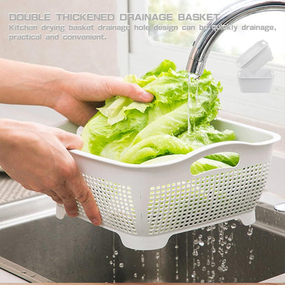 Double-layer Draining Basket Plastic Fruits Vegetable Washing Basket Food Storage Basket Multi-layer Stackable Vegetable Sinks Wash Drain Basket for Kitchen （Grey）