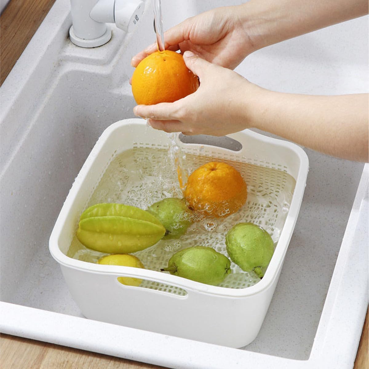 Double-layer Draining Basket Plastic Fruits Vegetable Washing Basket Food Storage Basket Multi-layer Stackable Vegetable Sinks Wash Drain Basket for Kitchen （Grey）