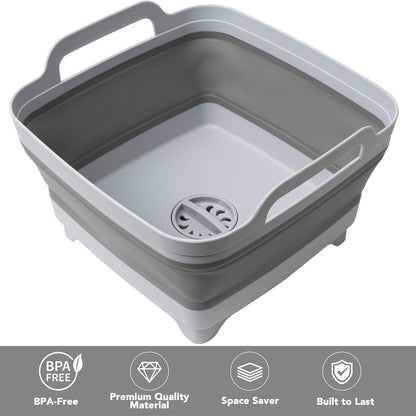 Dishpan for Washing Dishes, 2.4Gal/9L Wash Basin with Draining Plug Carry Handles, Collapsible Bucket for Cleaning, Portable Sink, Foldable Plastic Tub, 1PC
