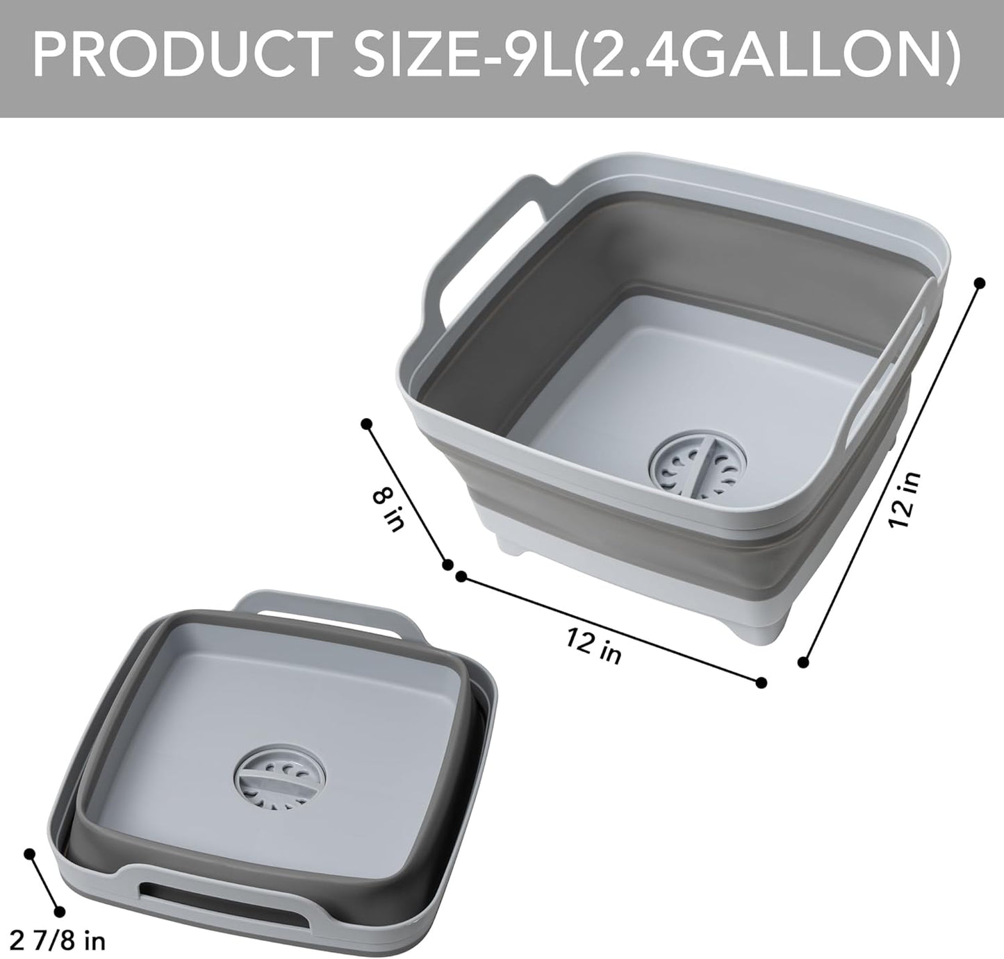 Dishpan for Washing Dishes, 2.4Gal/9L Wash Basin with Draining Plug Carry Handles, Collapsible Bucket for Cleaning, Portable Sink, Foldable Plastic Tub, 1PC