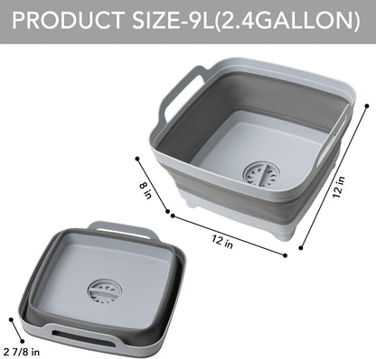 Dishpan for Washing Dishes, 2.4Gal/9L Wash Basin with Draining Plug Carry Handles, Collapsible Bucket for Cleaning, Portable Sink, Foldable Plastic Tub, 1PC