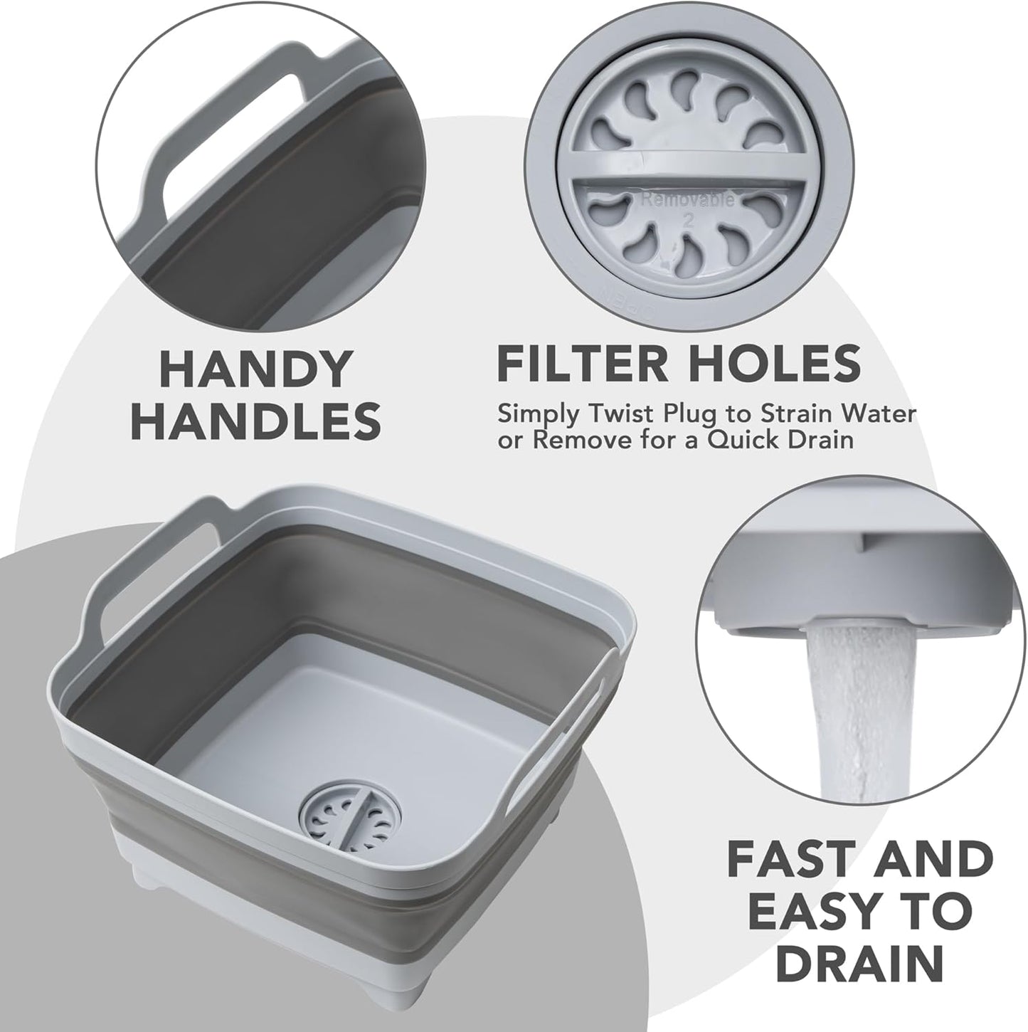 Dishpan for Washing Dishes, 2.4Gal/9L Wash Basin with Draining Plug Carry Handles, Collapsible Bucket for Cleaning, Portable Sink, Foldable Plastic Tub, 1PC