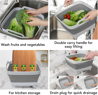 Dishpan for Washing Dishes, 2.4Gal/9L Wash Basin with Draining Plug Carry Handles, Collapsible Bucket for Cleaning, Portable Sink, Foldable Plastic Tub, 1PC