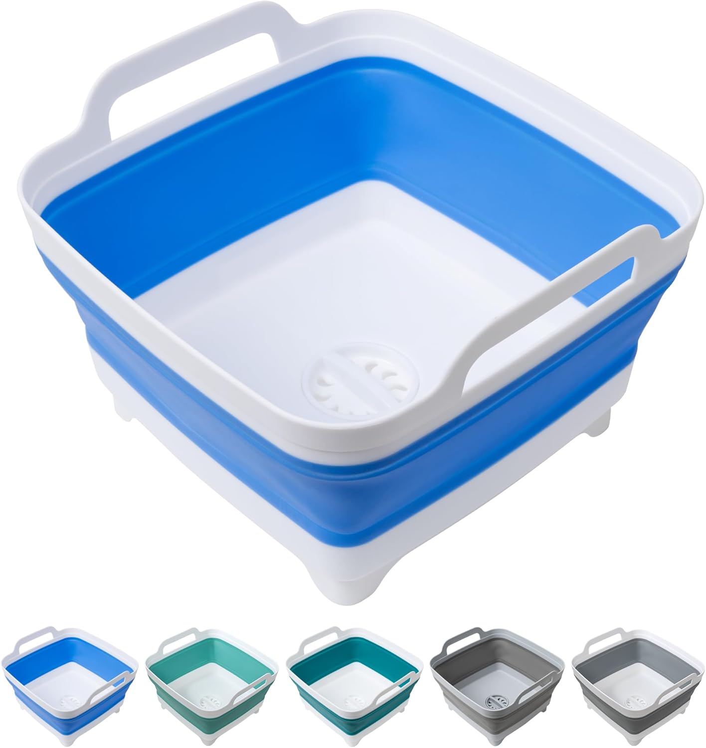 Dishpan for Washing Dishes, 2.4Gal/9L Wash Basin with Draining Plug Carry Handles, Collapsible Bucket for Cleaning, Portable Sink, Foldable Plastic Tub, 1PC