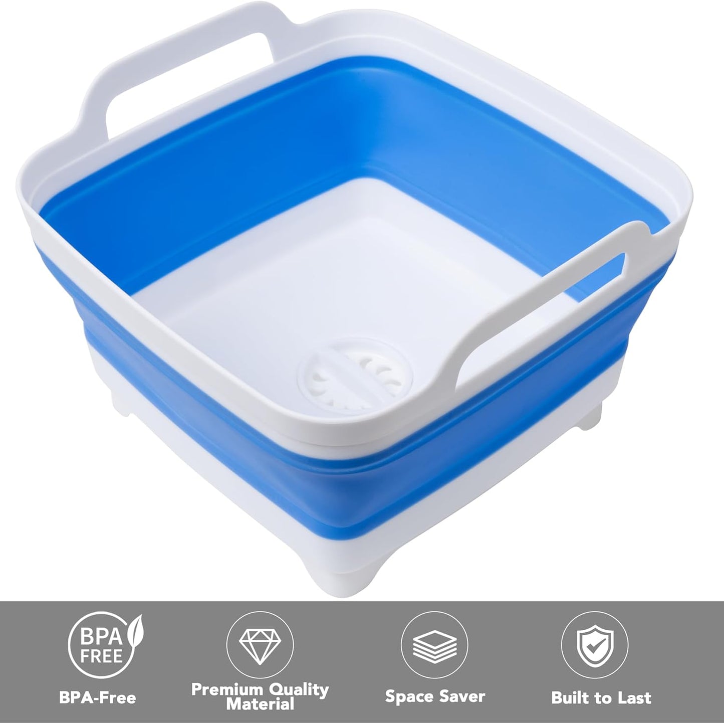 Dishpan for Washing Dishes, 2.4Gal/9L Wash Basin with Draining Plug Carry Handles, Collapsible Bucket for Cleaning, Portable Sink, Foldable Plastic Tub, 1PC