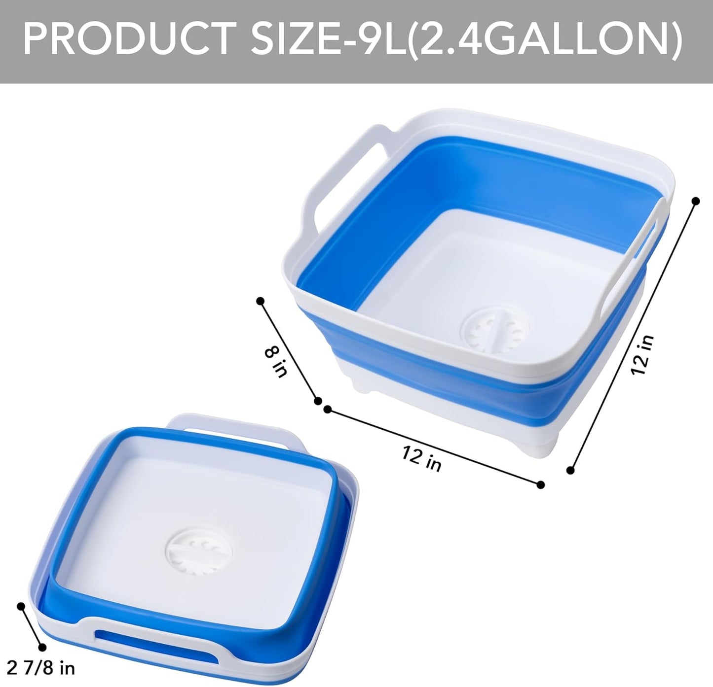 Dishpan for Washing Dishes, 2.4Gal/9L Wash Basin with Draining Plug Carry Handles, Collapsible Bucket for Cleaning, Portable Sink, Foldable Plastic Tub, 1PC