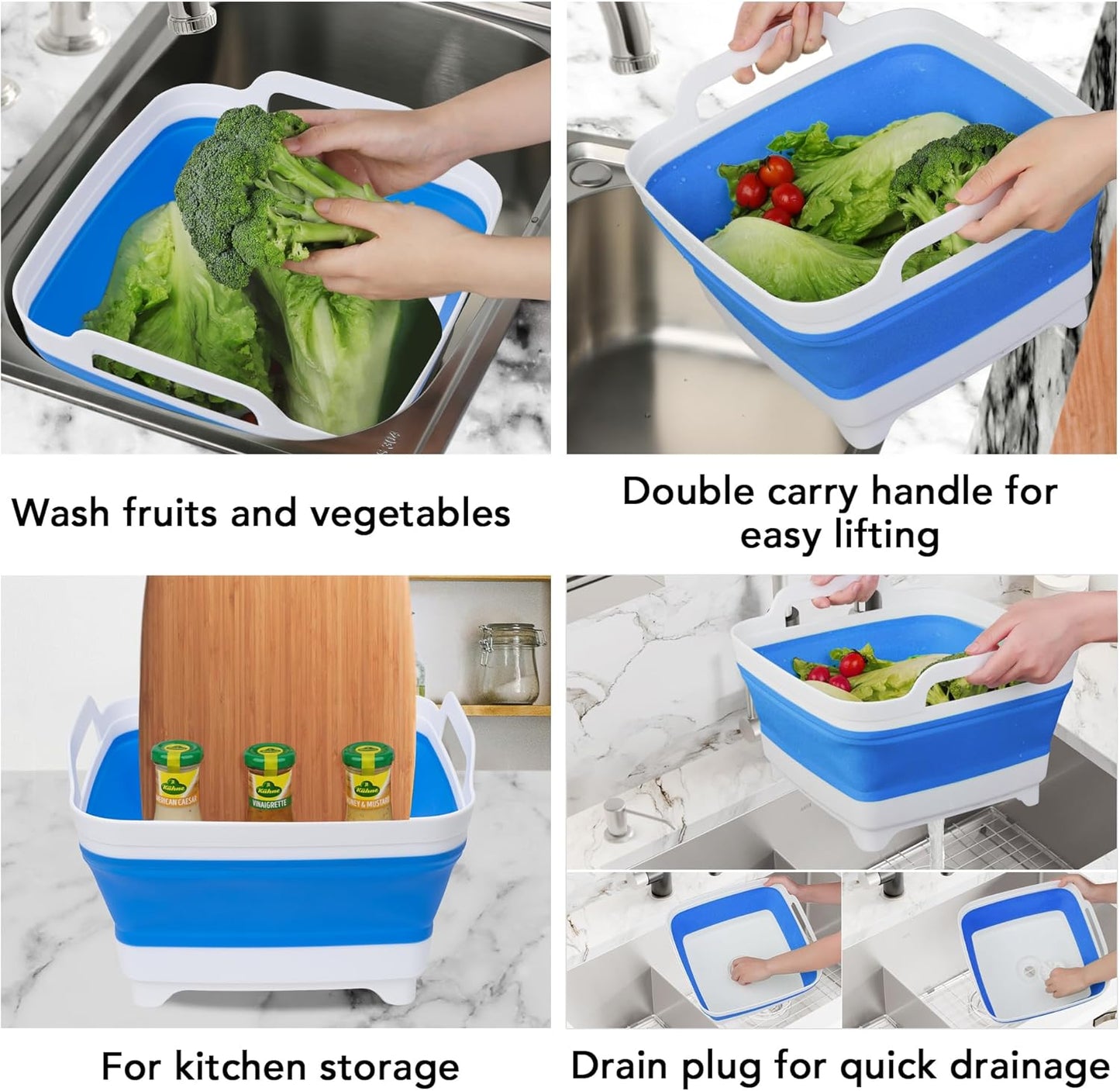 Dishpan for Washing Dishes, 2.4Gal/9L Wash Basin with Draining Plug Carry Handles, Collapsible Bucket for Cleaning, Portable Sink, Foldable Plastic Tub, 1PC