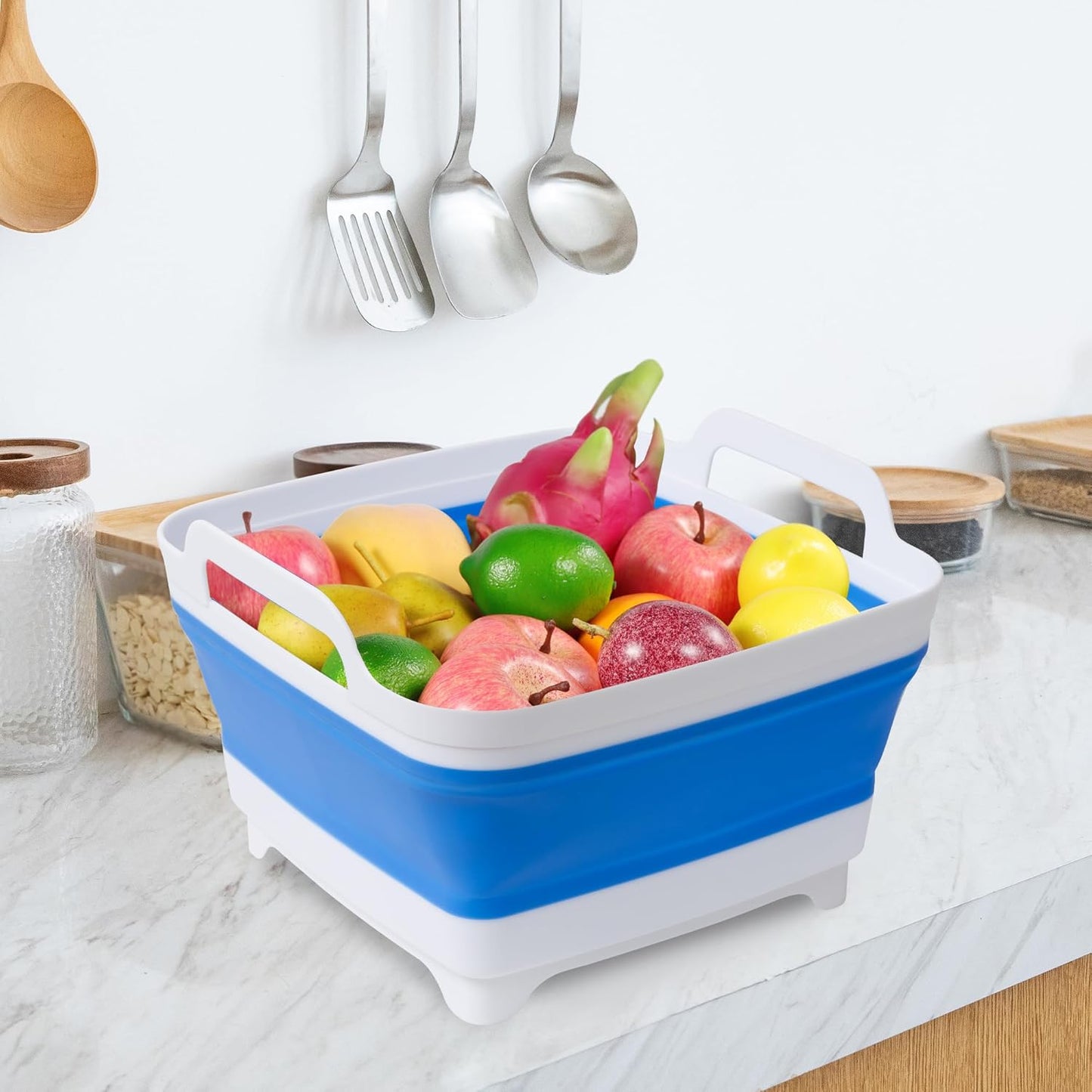 Dishpan for Washing Dishes, 2.4Gal/9L Wash Basin with Draining Plug Carry Handles, Collapsible Bucket for Cleaning, Portable Sink, Foldable Plastic Tub, 1PC