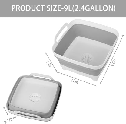 Dishpan for Washing Dishes, 2.4Gal/9L Wash Basin with Draining Plug Carry Handles, Collapsible Bucket for Cleaning, Portable Sink, Foldable Plastic Tub, 1PC