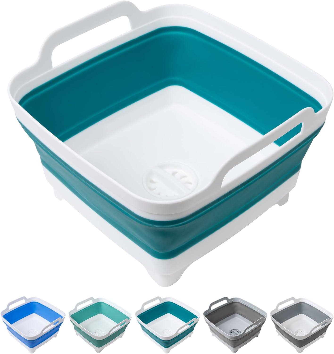 Dishpan for Washing Dishes, 2.4Gal/9L Wash Basin with Draining Plug Carry Handles, Collapsible Bucket for Cleaning, Portable Sink, Foldable Plastic Tub, 1PC