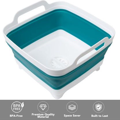 Dishpan for Washing Dishes, 2.4Gal/9L Wash Basin with Draining Plug Carry Handles, Collapsible Bucket for Cleaning, Portable Sink, Foldable Plastic Tub, 1PC