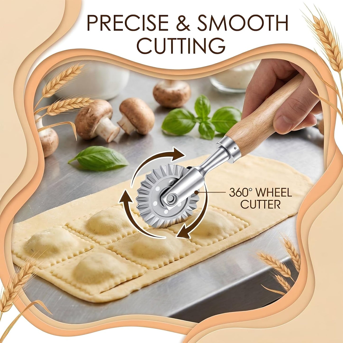 Pastry Cutter Wheel, Fluted Pasta Cutter Ravioli Cutters with Wooden Handle 1.5" Diameter Pasta Cutters Wheel for Ravioli, Dumplings, Lasagna, Pierogi and Cookies 360° Effortless Cutting