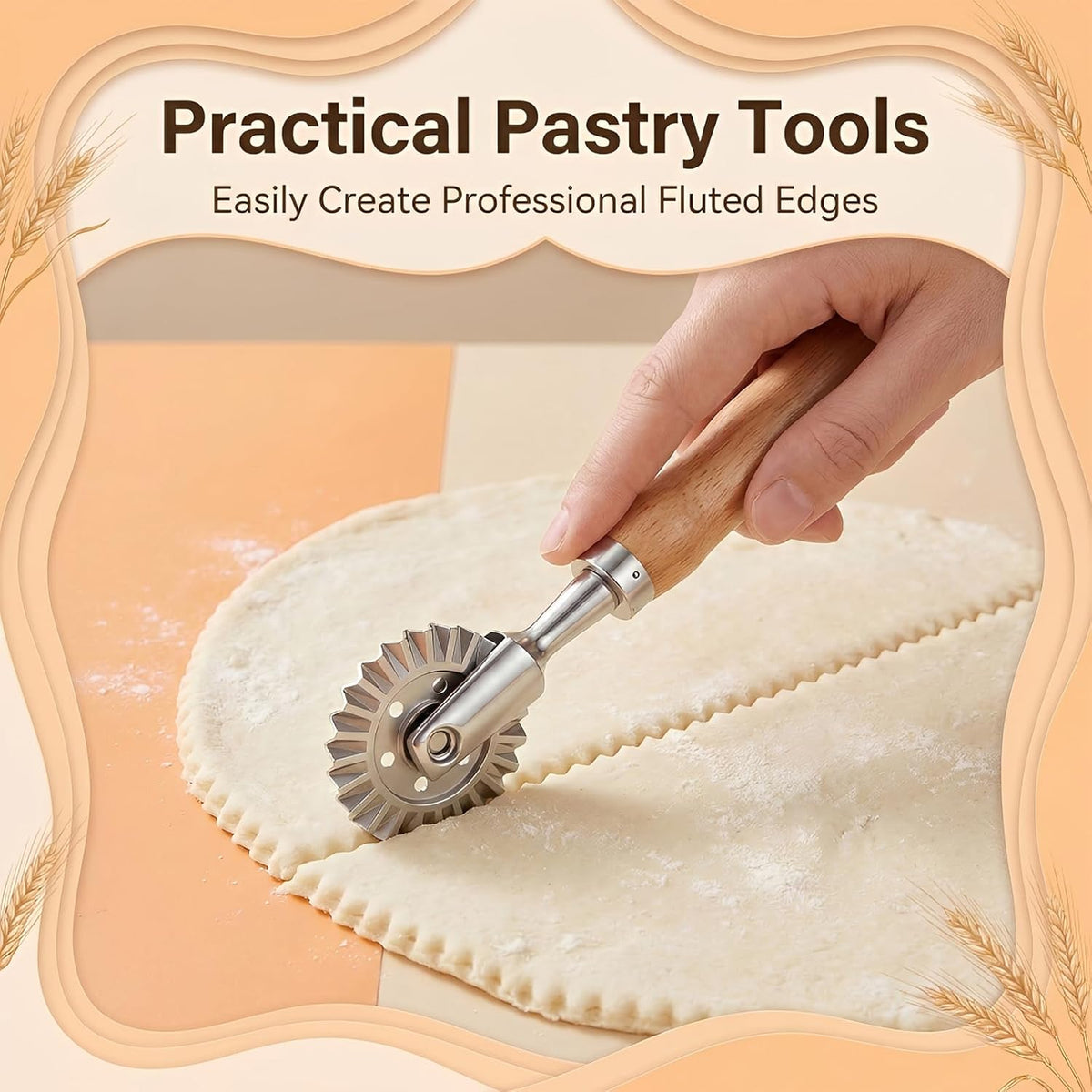 Pastry Cutter Wheel, Fluted Pasta Cutter Ravioli Cutters with Wooden Handle 1.5" Diameter Pasta Cutters Wheel for Ravioli, Dumplings, Lasagna, Pierogi and Cookies 360° Effortless Cutting