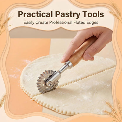 Pastry Cutter Wheel, Fluted Pasta Cutter Ravioli Cutters with Wooden Handle 1.5" Diameter Pasta Cutters Wheel for Ravioli, Dumplings, Lasagna, Pierogi and Cookies 360° Effortless Cutting